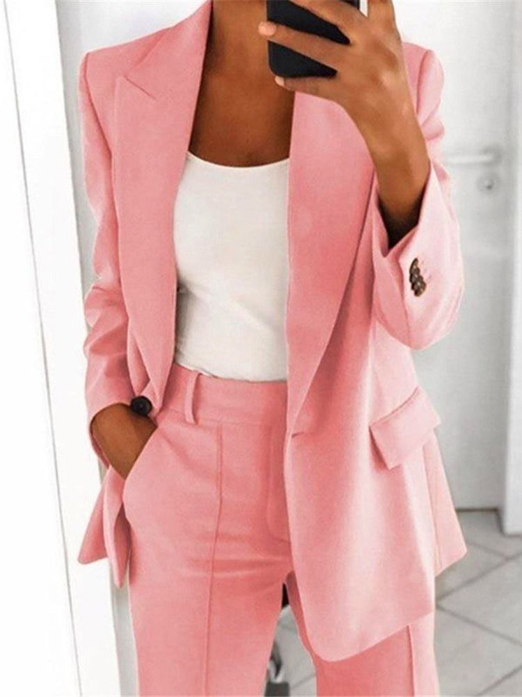 Blazer Simple À Revers Cranté À Un Bouton Pour Femme Décontracté Mi-long