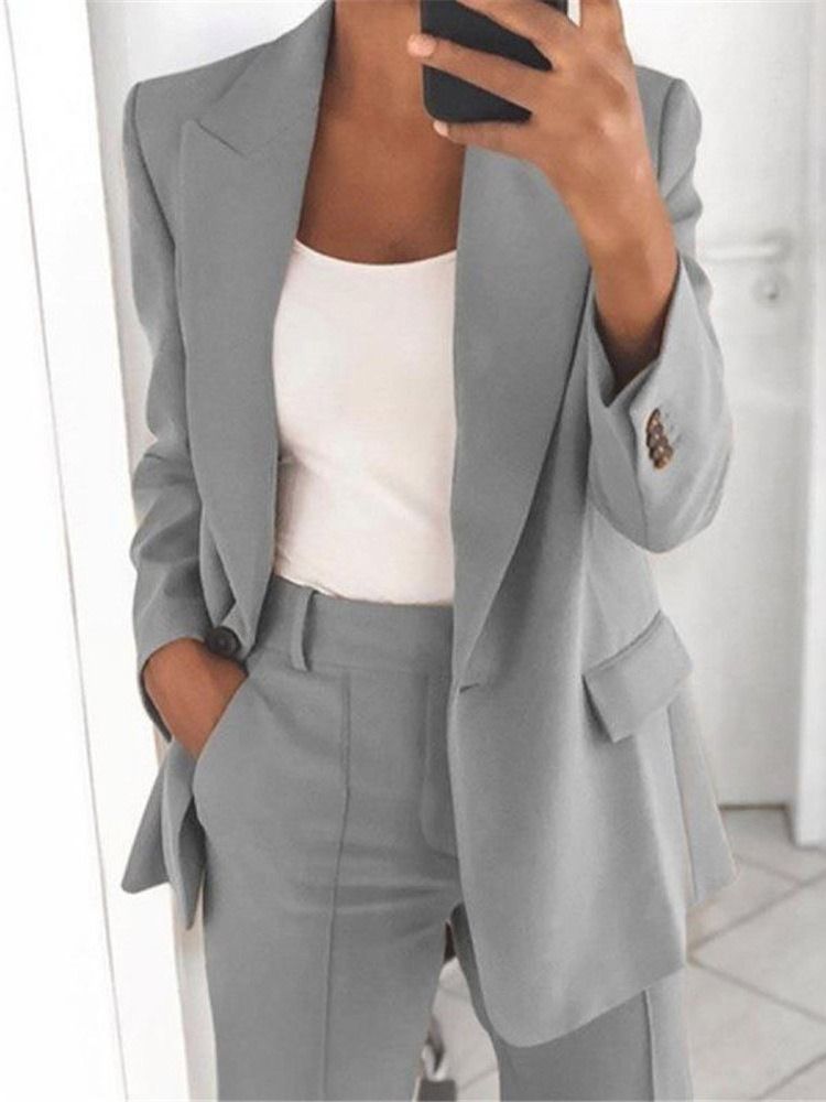 Blazer Simple À Revers Cranté À Un Bouton Pour Femme Décontracté Mi-long