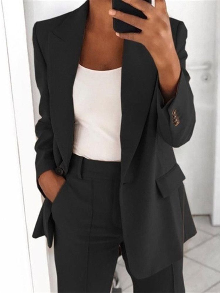 Blazer Simple À Revers Cranté À Un Bouton Pour Femme Décontracté Mi-long