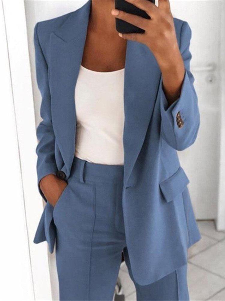 Blazer Simple À Revers Cranté À Un Bouton Pour Femme Décontracté Mi-long