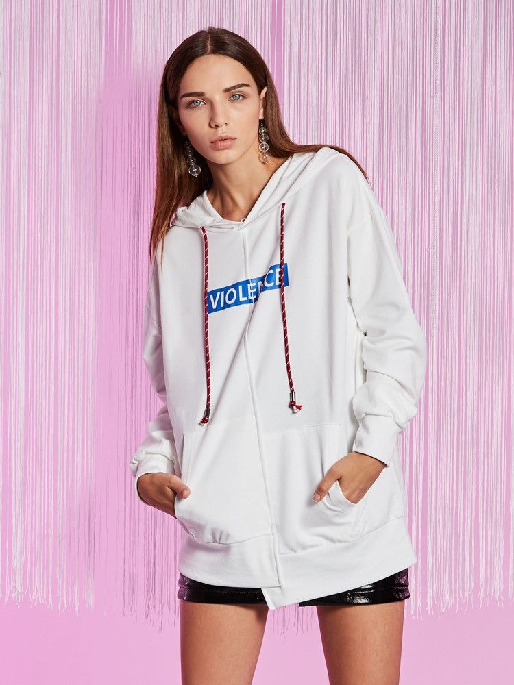 Sweat À Capuche Asymétrique À Poche Kangourou Imprimé Lettre Pour Femme