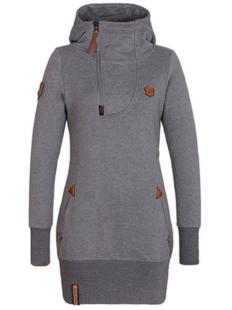 Sweat À Capuche Cool À Col Roulé Uni Mi-long Pour Femme