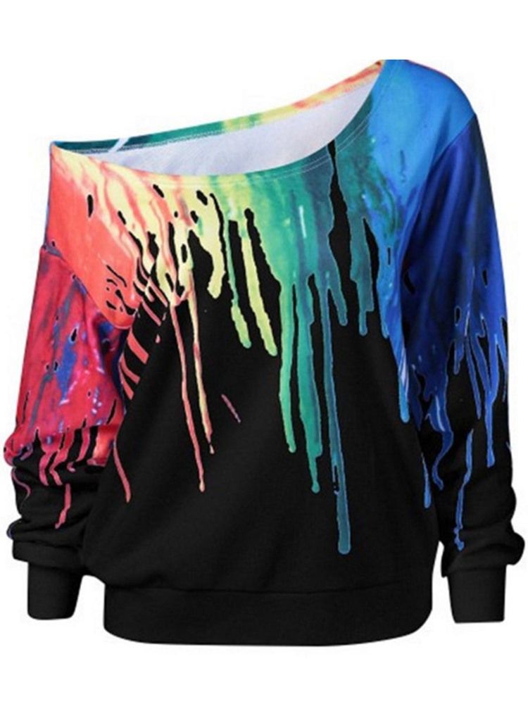 Sweat-shirt Ample À Col Oblique Et Imprimé 3d Coloré Pour Femme