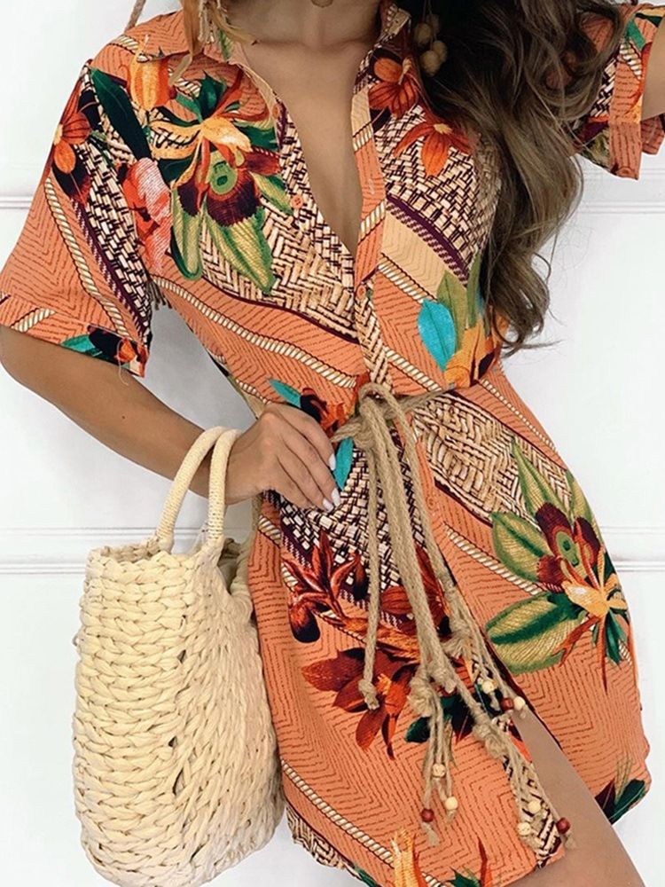 Au-dessus Du Genou Bouton Demi-manche Robe Florale Robes De Plage Pour Les Femmes