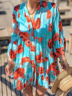 Bouton Au-dessus Du Genou Manches À Neuf Points À La Mode A-line Floral Maxi Dress Robes De Plage Pour Femmes