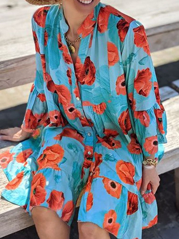 Bouton Au-dessus Du Genou Manches À Neuf Points À La Mode A-line Floral Maxi Dress Robes De Plage Pour Femmes