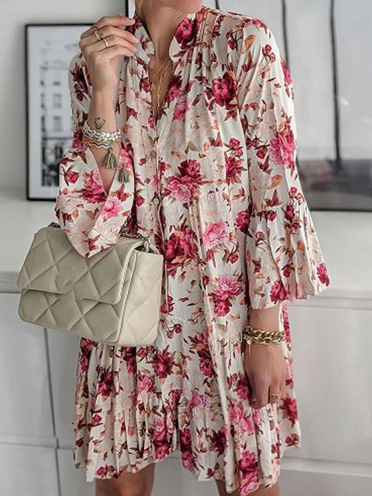 Bouton Au-dessus Du Genou Manches À Neuf Points À La Mode A-line Floral Maxi Dress Robes De Plage Pour Femmes