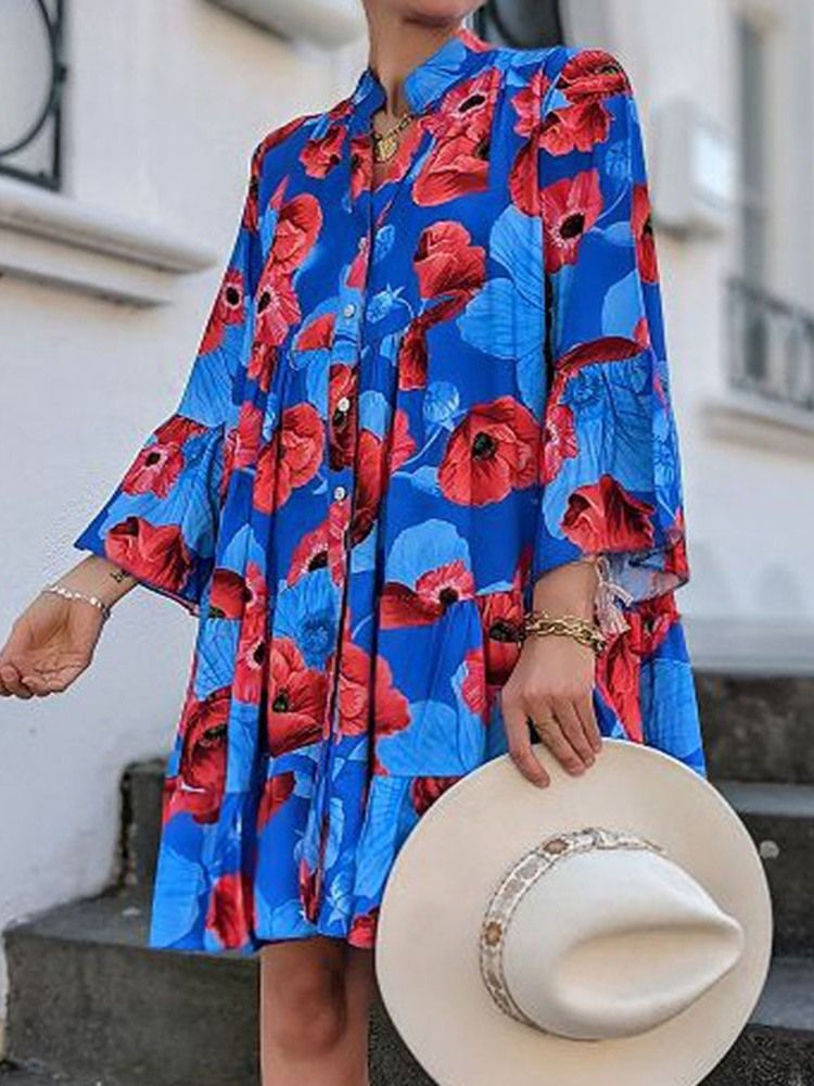 Bouton Au-dessus Du Genou Manches À Neuf Points À La Mode A-line Floral Maxi Dress Robes De Plage Pour Femmes