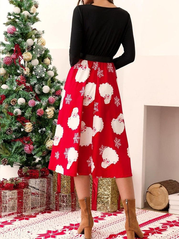 Décorations De Noël Pour Femmes Col Rond Manches Longues Patchwork Robe Douce Régulière