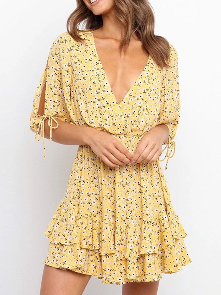 Imprimer Au-dessus Du Genou Robe Superposée À Col En V Pull Robe À Fleurs Robes De Plage Pour Femmes