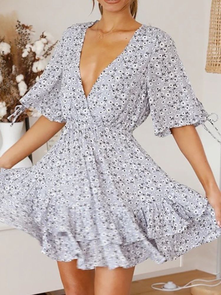 Imprimer Au-dessus Du Genou Robe Superposée À Col En V Pull Robe À Fleurs Robes De Plage Pour Femmes