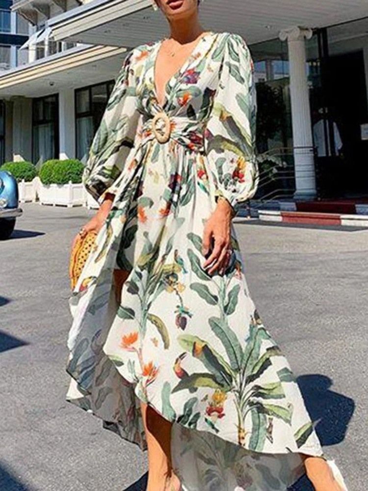 Longueur Au Sol Asymétrique Col En V Taille Haute À Manches Lanterne Robe Florale Maxi Robe Robes De Plage Pour Les Femmes