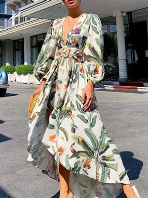 Longueur Au Sol Asymétrique Col En V Taille Haute À Manches Lanterne Robe Florale Maxi Robe Robes De Plage Pour Les Femmes