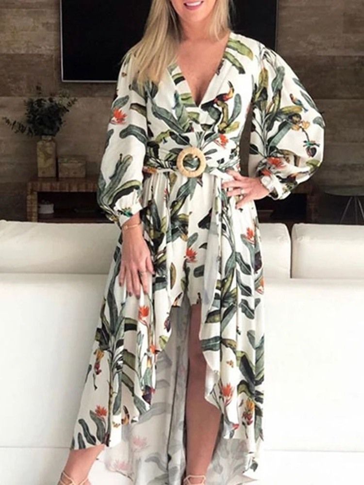 Longueur Au Sol Asymétrique Col En V Taille Haute À Manches Lanterne Robe Florale Maxi Robe Robes De Plage Pour Les Femmes