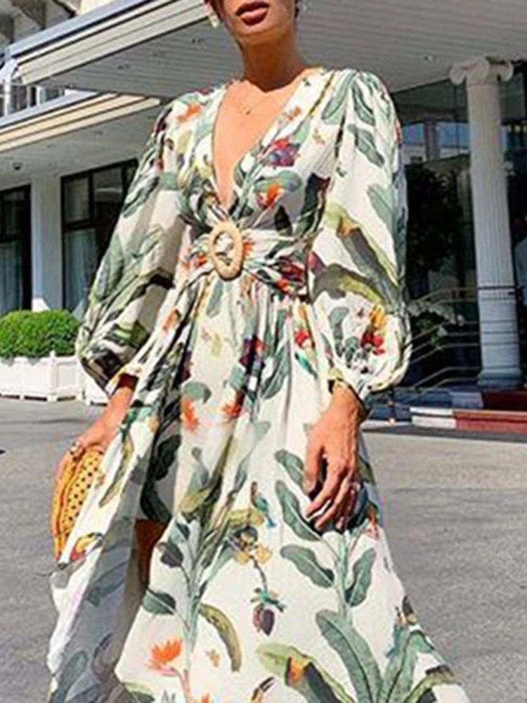 Longueur Au Sol Asymétrique Col En V Taille Haute À Manches Lanterne Robe Florale Maxi Robe Robes De Plage Pour Les Femmes