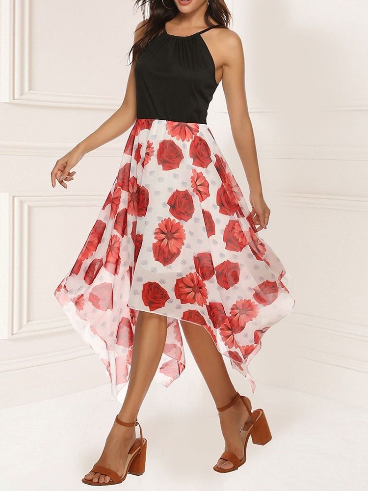 Robe Asymétrique À Fleurs Sans Manches À Imprimé Patchwork Pour Femmes