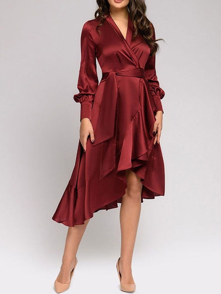 Robe Asymétrique À Lacets À Mi-mollet Et À Col En V Pour Femmes