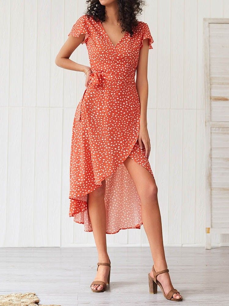 Robe Asymétrique À Manches Courtes Et À Col En V Pour Femmes