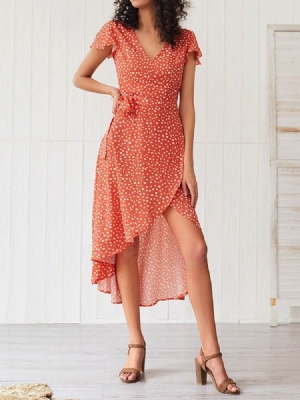 Robe Asymétrique À Manches Courtes Et À Col En V Pour Femmes