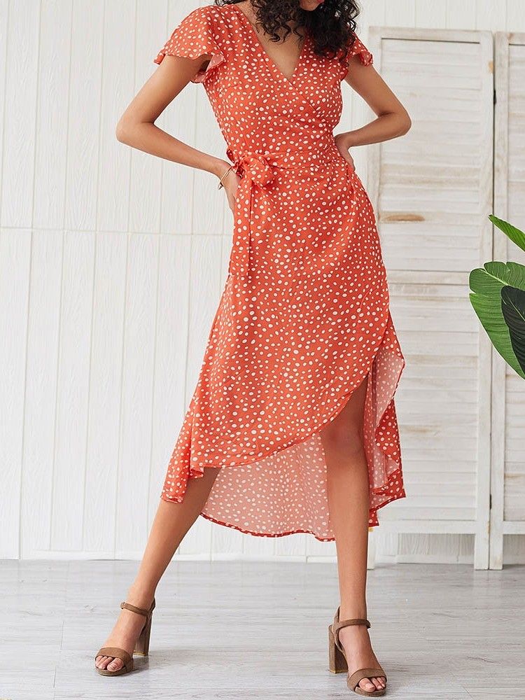 Robe Asymétrique À Manches Courtes Et À Col En V Pour Femmes