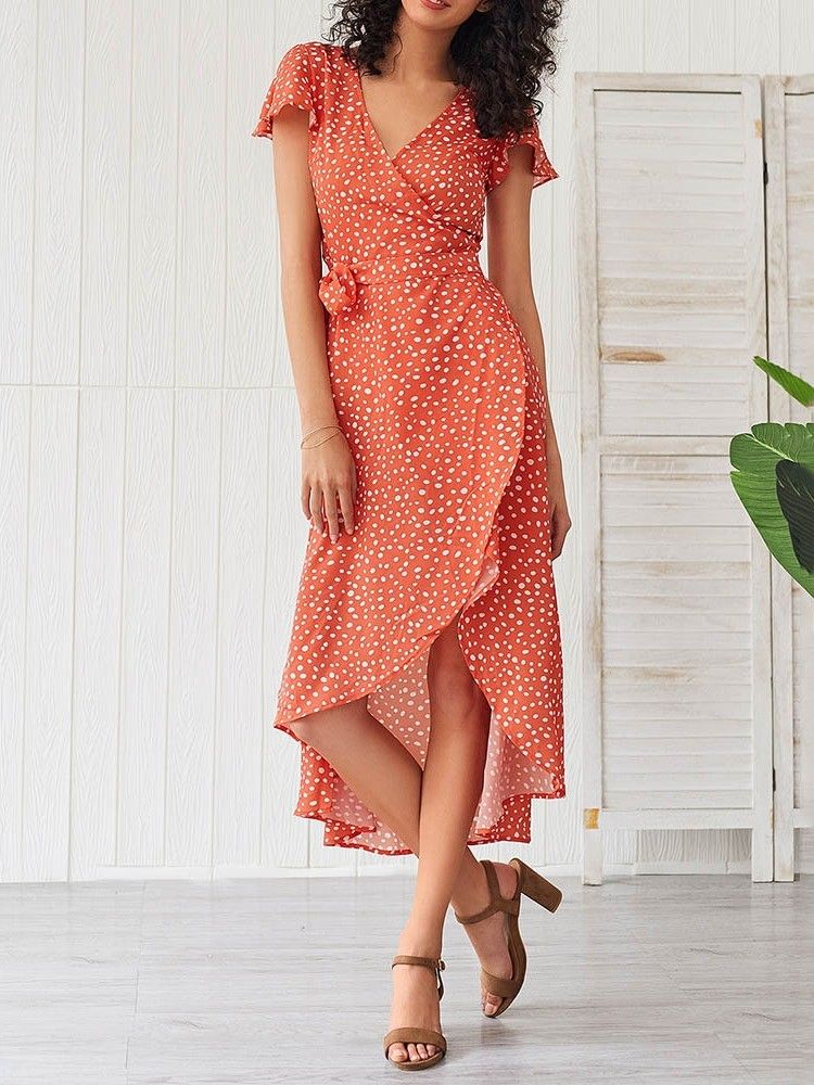 Robe Asymétrique À Manches Courtes Et À Col En V Pour Femmes