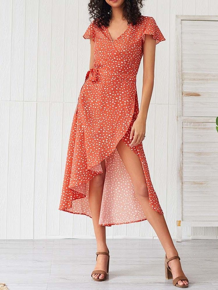 Robe Asymétrique À Manches Courtes Et À Col En V Pour Femmes