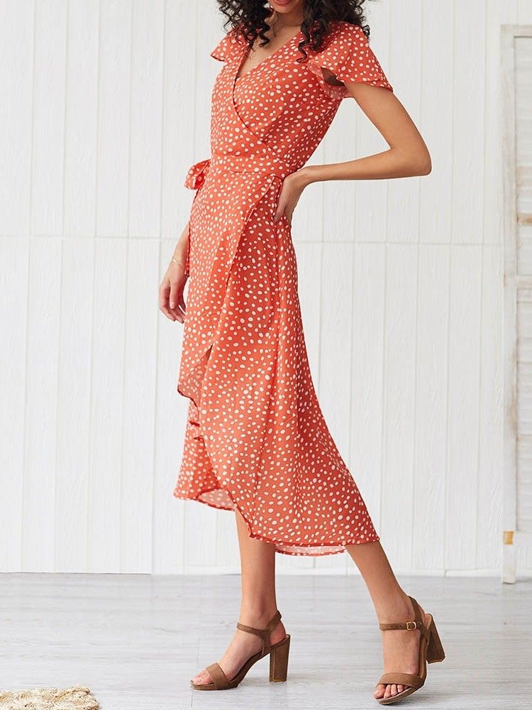 Robe Asymétrique À Manches Courtes Et À Col En V Pour Femmes