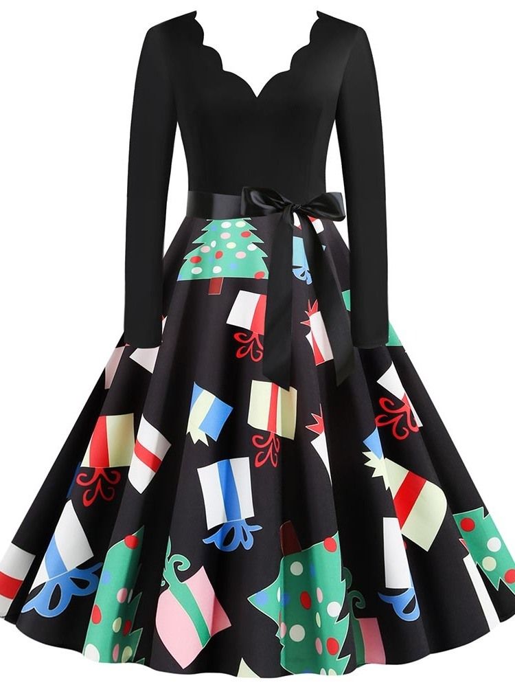 Robe De Bande Dessinée Douce À Col En V Et Patchwork Mi-mollet Pour Femmes