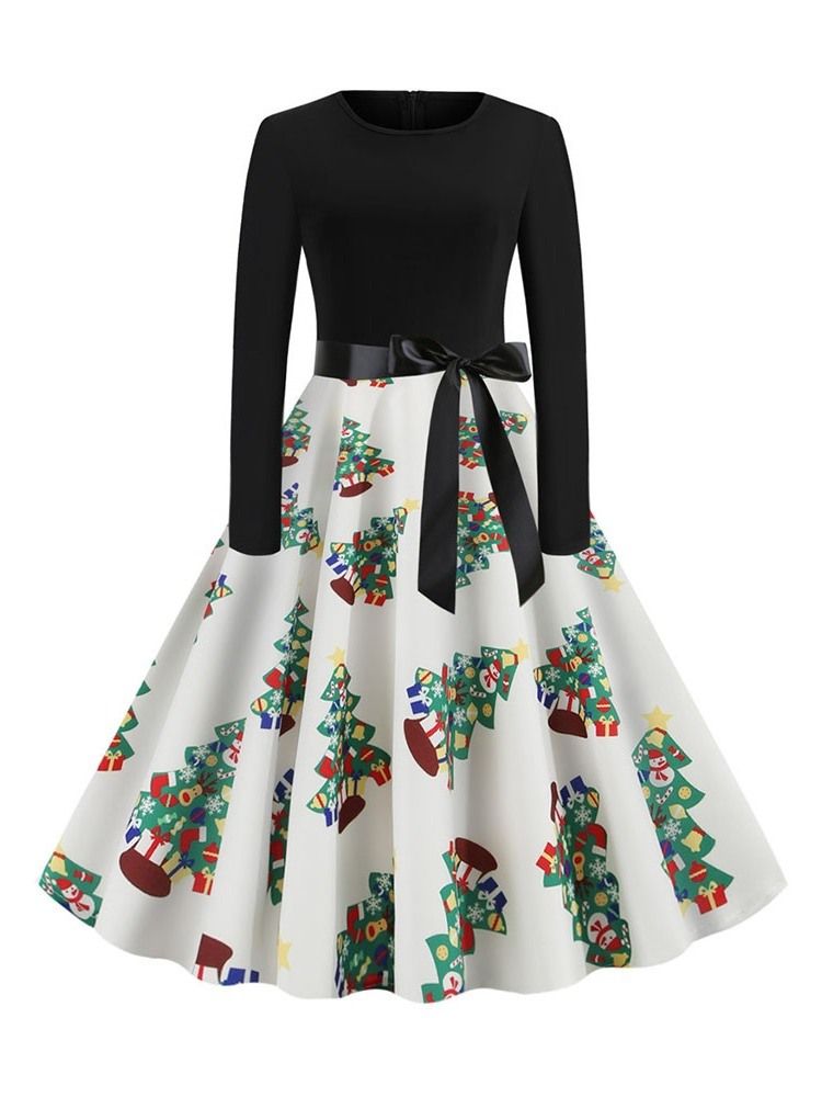 Robe De Bande Dessinée À Manches Longues Et À Manches Longues En Patchwork D'arbres De Noël Pour Femmes