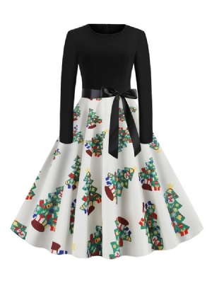 Robe De Bande Dessinée À Manches Longues Et À Manches Longues En Patchwork D'arbres De Noël Pour Femmes