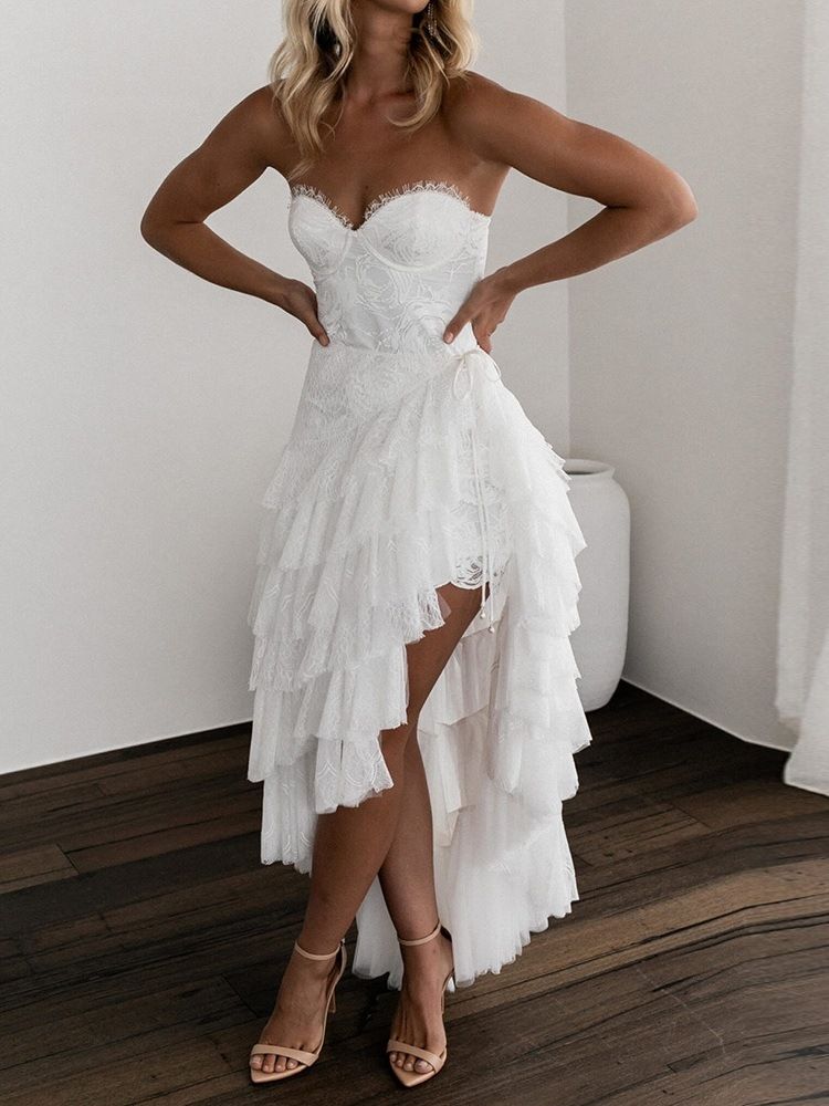 Robe Blanche Asymétrique En Patchwork Pour Femmes Longueur Au Sol Sans Manches Robe D'invité De Mariage