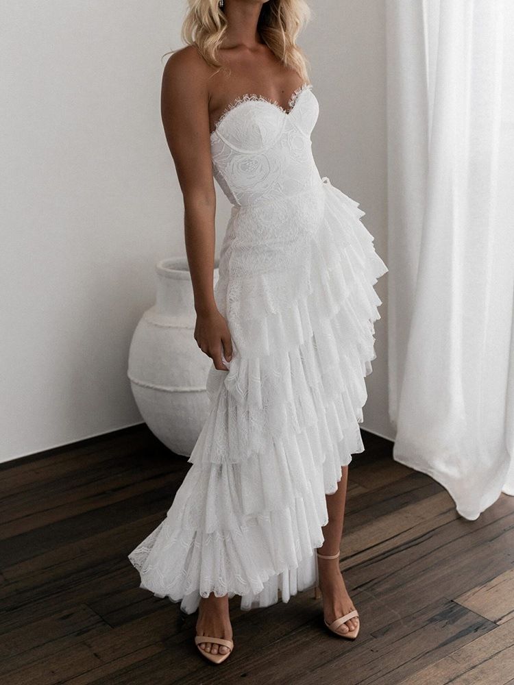 Robe Blanche Asymétrique En Patchwork Pour Femmes Longueur Au Sol Sans Manches Robe D'invité De Mariage