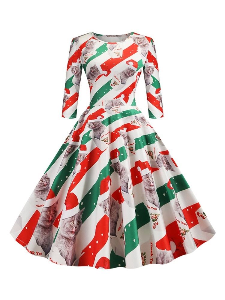 Robe De Cocktail De Fête Régulière À Motif De Noël Pour Femmes À Manches Trois-quarts Et À Mi-mollet