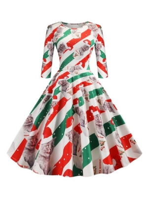 Robe De Cocktail De Fête Régulière À Motif De Noël Pour Femmes À Manches Trois-quarts Et À Mi-mollet