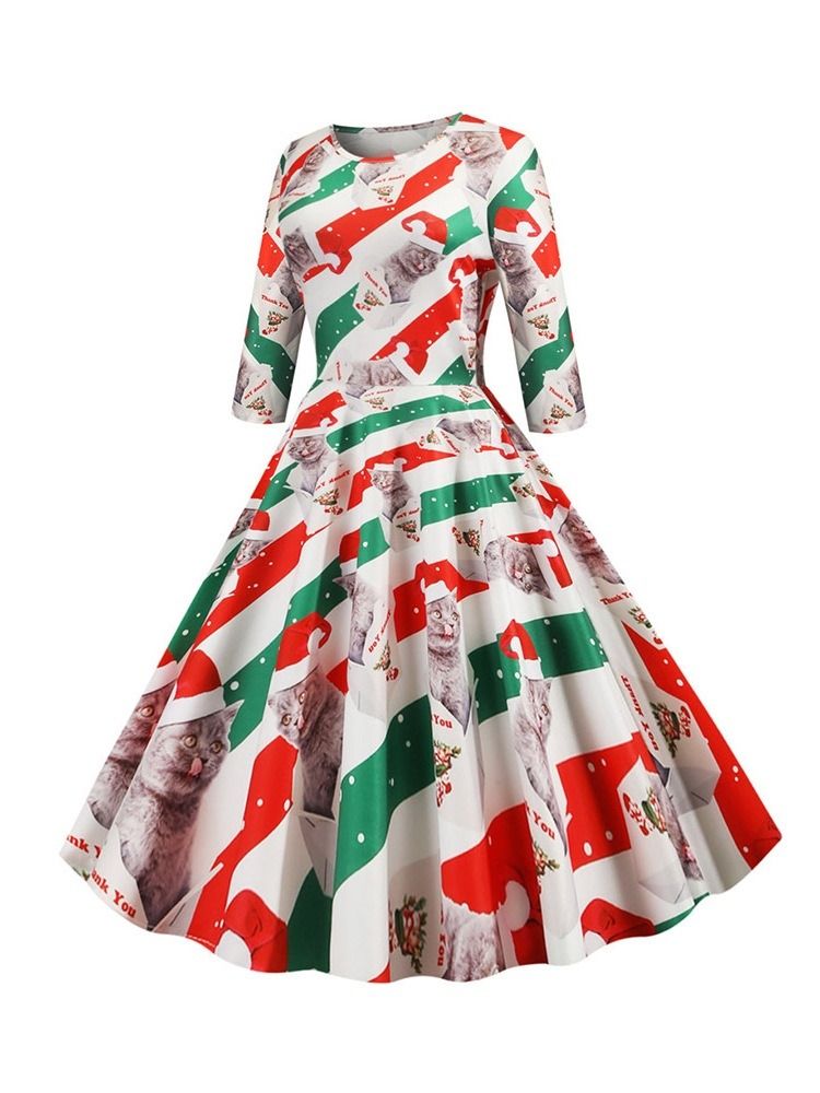 Robe De Cocktail De Fête Régulière À Motif De Noël Pour Femmes À Manches Trois-quarts Et À Mi-mollet