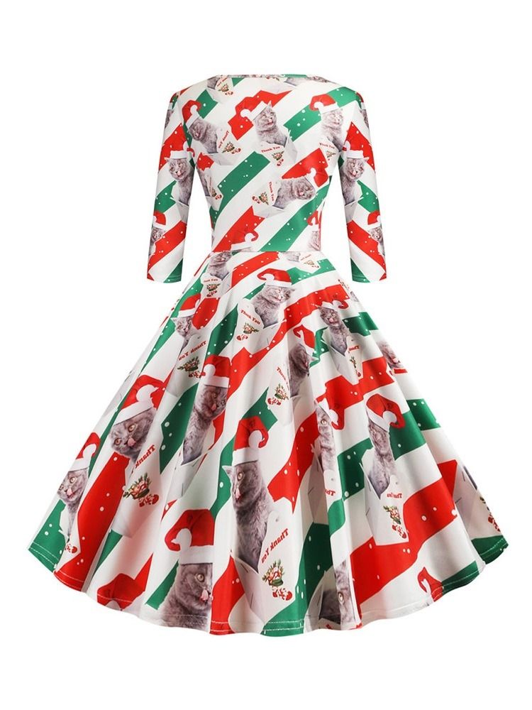 Robe De Cocktail De Fête Régulière À Motif De Noël Pour Femmes À Manches Trois-quarts Et À Mi-mollet