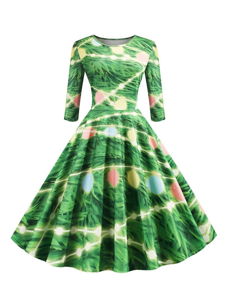 Robe De Cocktail De Fête Régulière À Motif De Noël Pour Femmes À Manches Trois-quarts Et À Mi-mollet