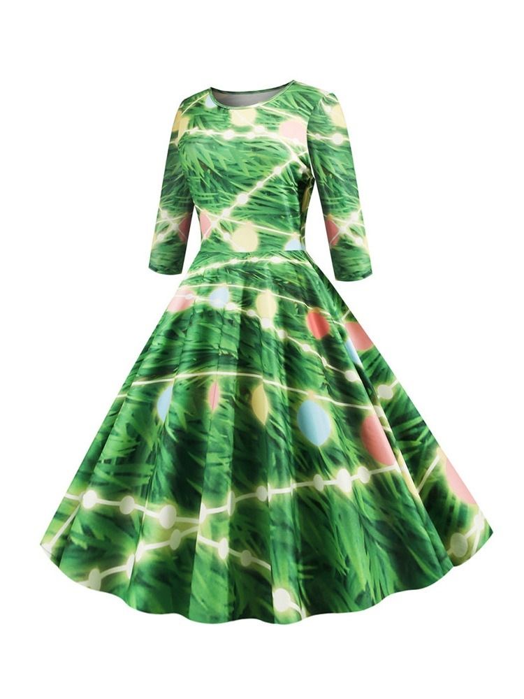 Robe De Cocktail De Fête Régulière À Motif De Noël Pour Femmes À Manches Trois-quarts Et À Mi-mollet