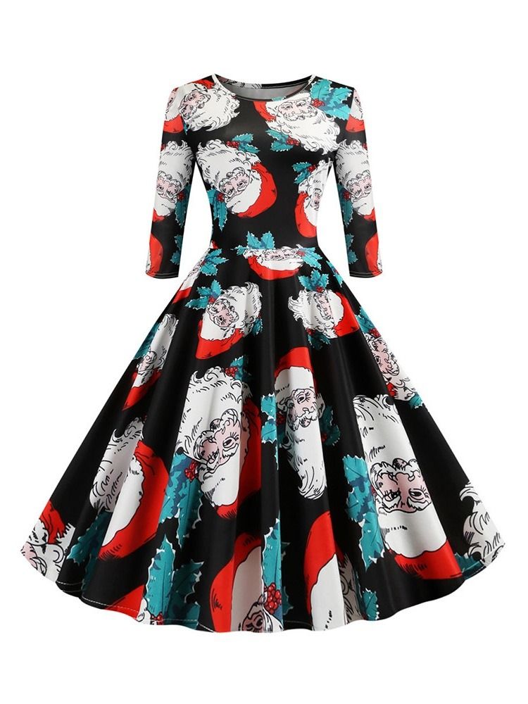 Robe De Cocktail De Fête Régulière À Motif De Noël Pour Femmes À Manches Trois-quarts Et À Mi-mollet