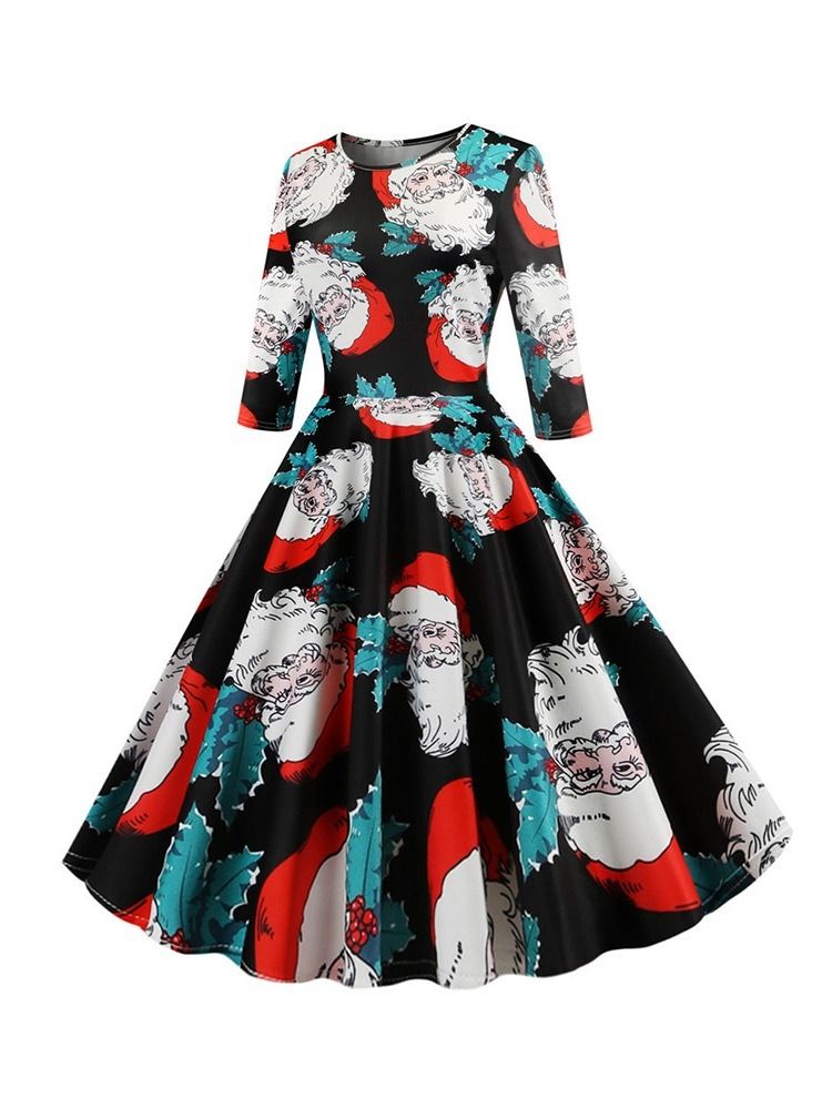 Robe De Cocktail De Fête Régulière À Motif De Noël Pour Femmes À Manches Trois-quarts Et À Mi-mollet