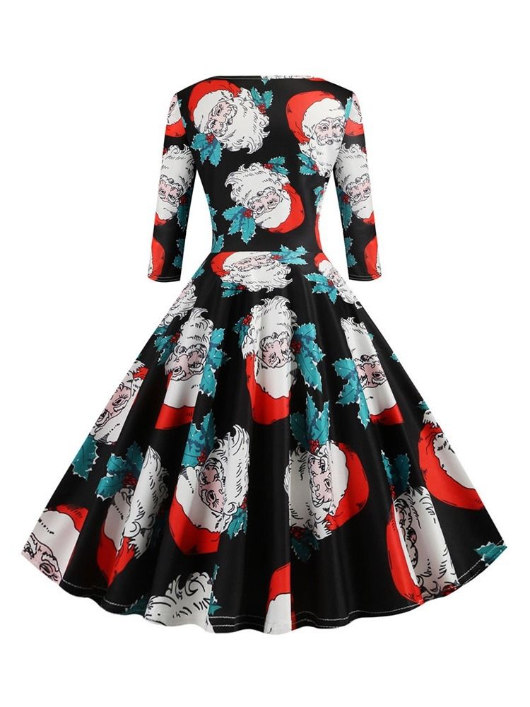 Robe De Cocktail De Fête Régulière À Motif De Noël Pour Femmes À Manches Trois-quarts Et À Mi-mollet