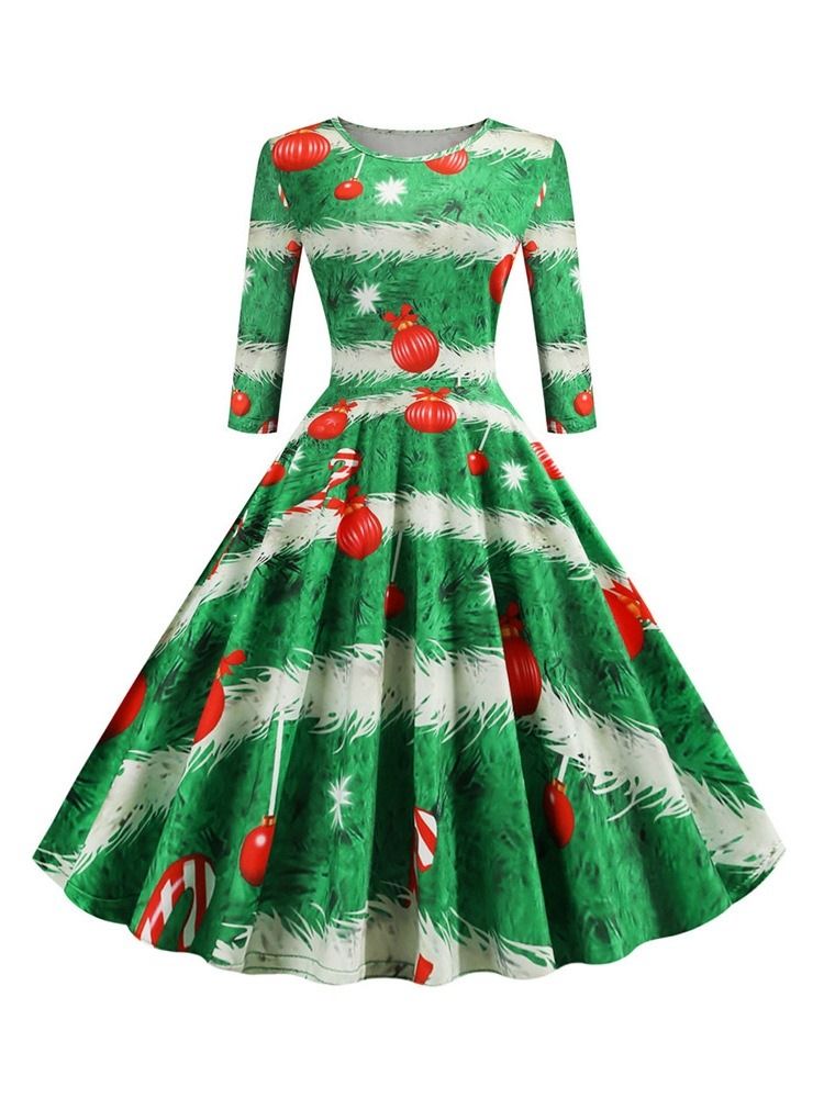 Robe De Cocktail De Fête Régulière À Motif De Noël Pour Femmes À Manches Trois-quarts Et À Mi-mollet