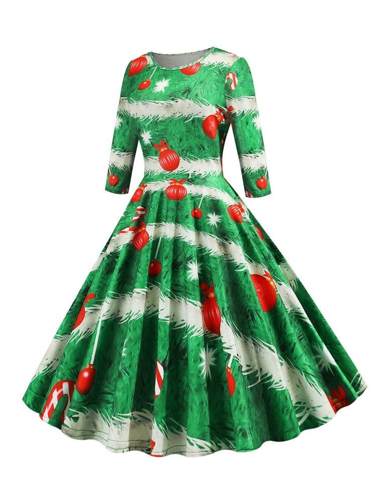 Robe De Cocktail De Fête Régulière À Motif De Noël Pour Femmes À Manches Trois-quarts Et À Mi-mollet