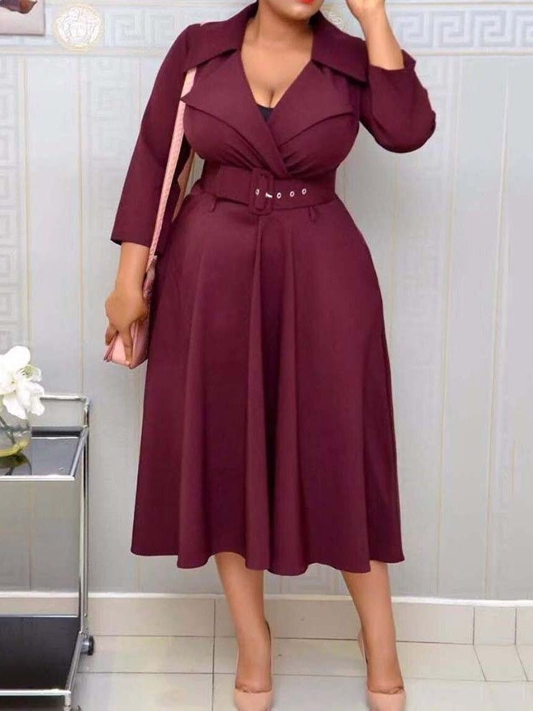 Robe D'automne À Manches Trois-quarts Avec Ceinture Et Revers Crantés Pour Femmes