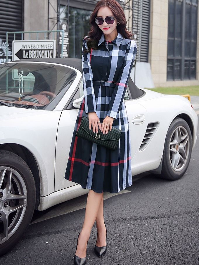 Robe Décontractée À Boutonnage Simple À Revers Avec Ceinture À Carreaux Pour Femmes