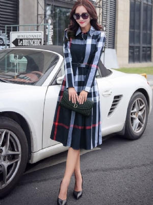 Robe Décontractée À Boutonnage Simple À Revers Avec Ceinture À Carreaux Pour Femmes