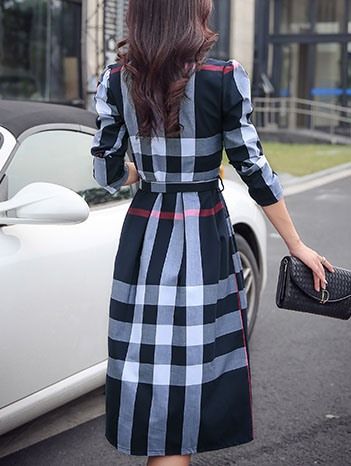 Robe Décontractée À Boutonnage Simple À Revers Avec Ceinture À Carreaux Pour Femmes