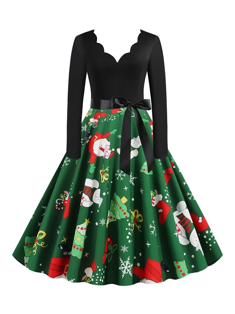 Robe De Dessin Animé D'expansion À Col En V Et Manches Trois-quarts De Noël Pour Femmes