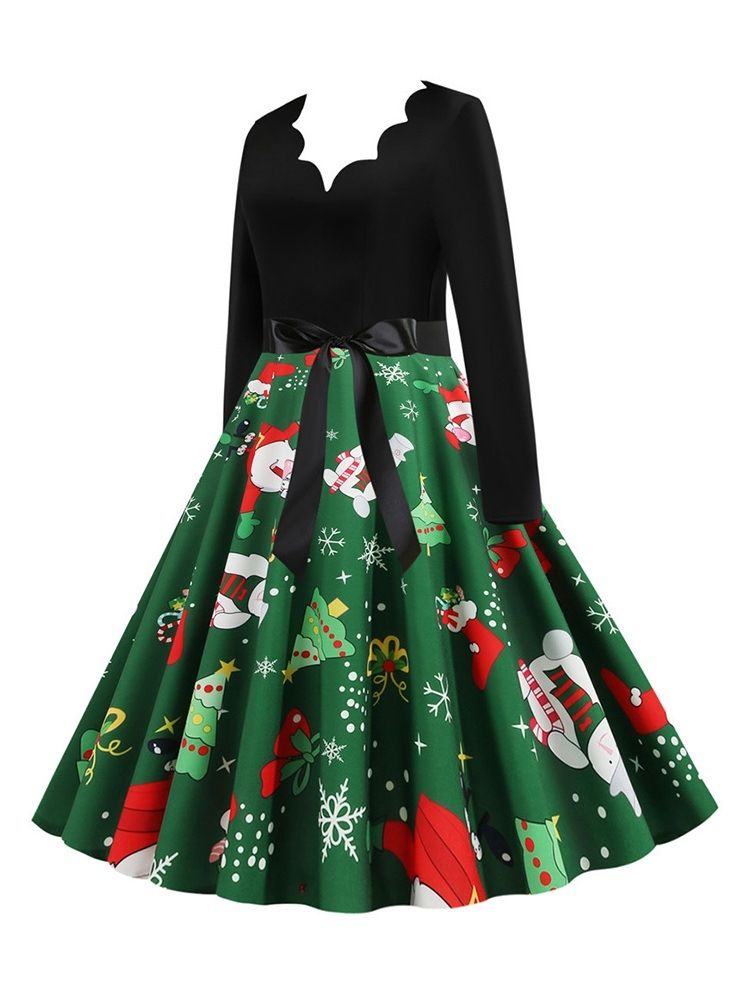 Robe De Dessin Animé D'expansion À Col En V Et Manches Trois-quarts De Noël Pour Femmes