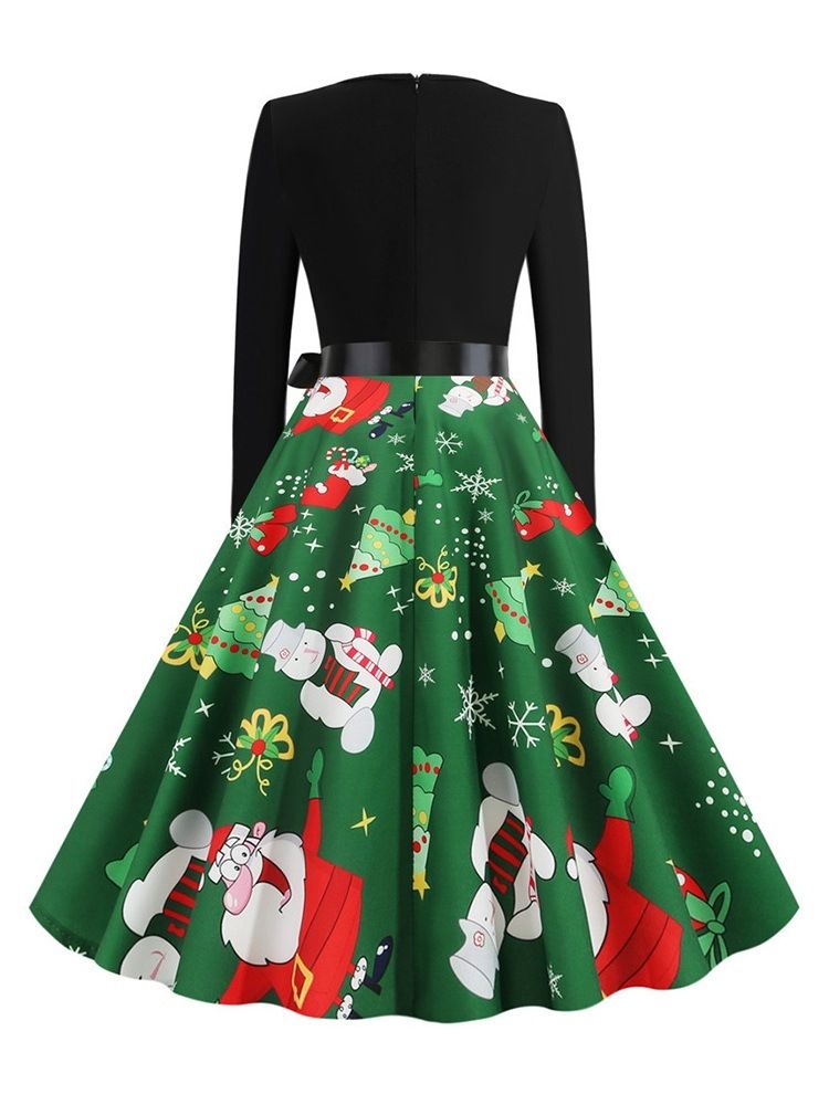 Robe De Dessin Animé D'expansion À Col En V Et Manches Trois-quarts De Noël Pour Femmes